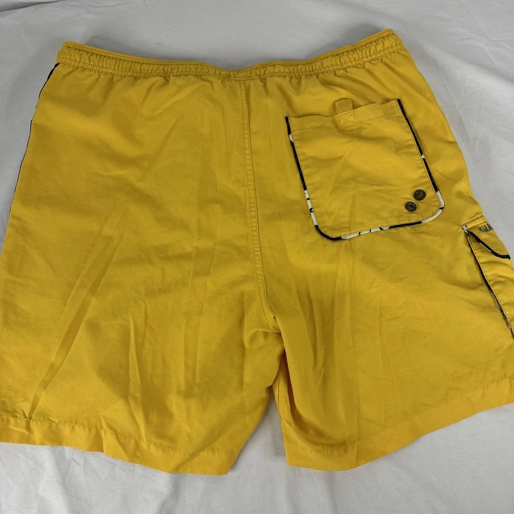 Chaps Swim Trunks Shorts Mens Large Yellow Elastic Waist Logo Leaves Pockets